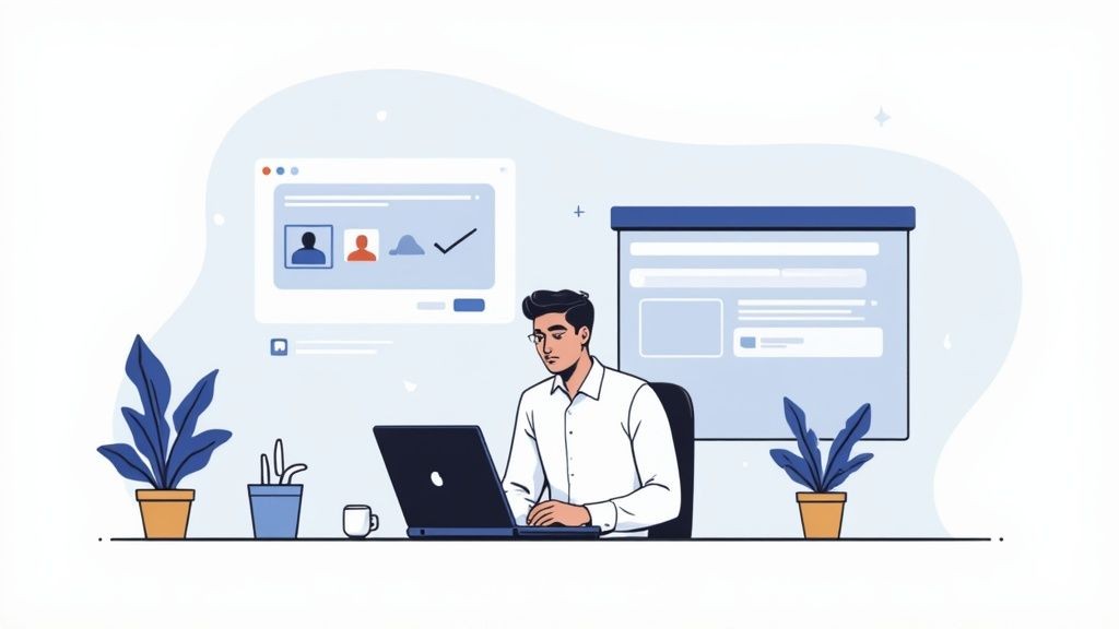 A person at a desk testing webinar software on a laptop, with checklists and notes around them.